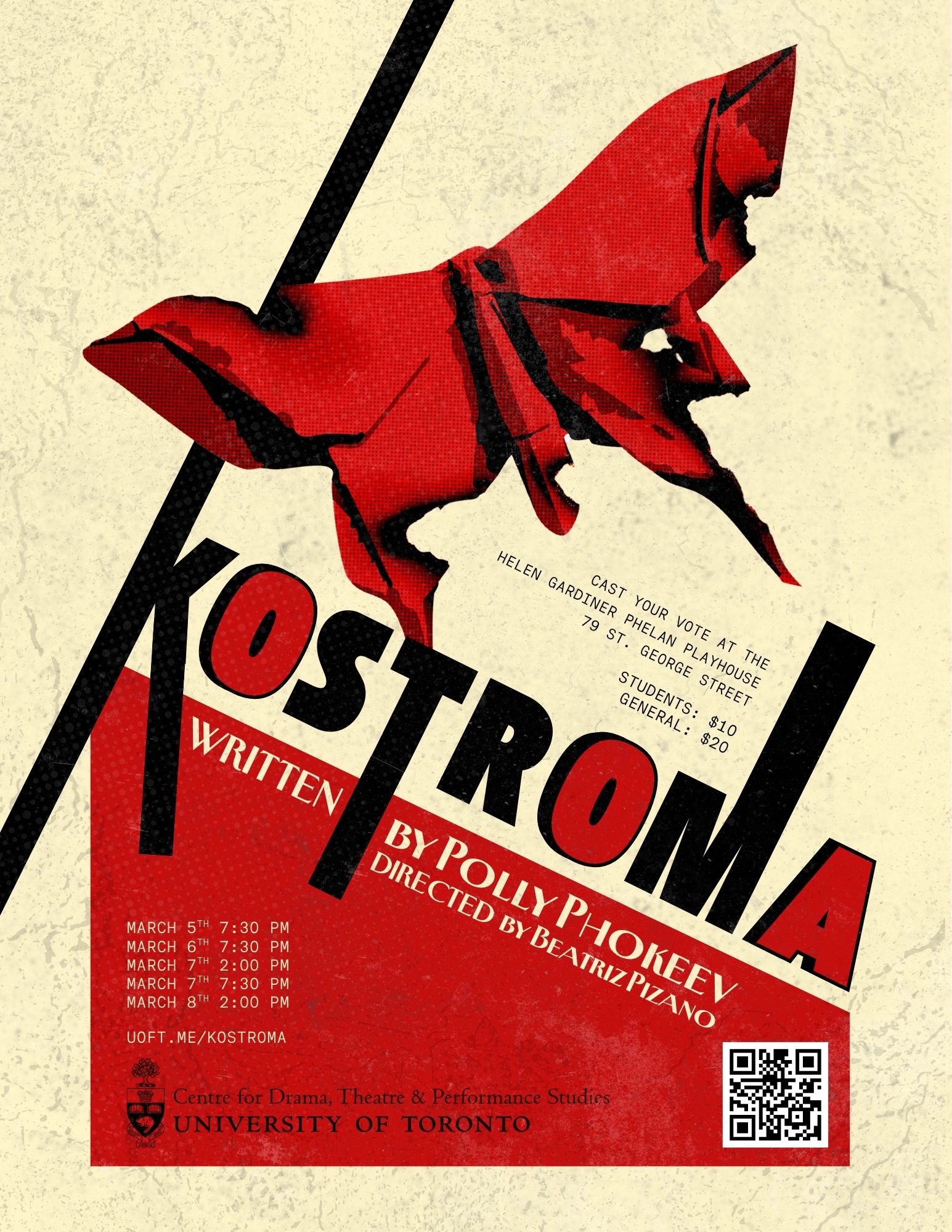 Origami butterfly with burned wing as central figure with text overlay including play title Kostroma written by Polly Phokeev and directed by Beatrice Pizano with play times, ticket price, location, QR code and CDTPS logo in bottom left corner.