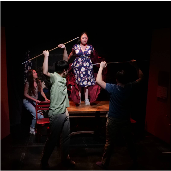 Four actors on stage in a scene from Chernyak’s directorial debut, "Mom, Dad, I’m Living With a White Girl"