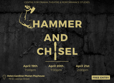 Arm holding hammer and chisel with text overlay
