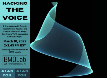 Textured teal spiral on a black background, with text &amp;quot;Hacking the Voice&amp;quot; and event date and time