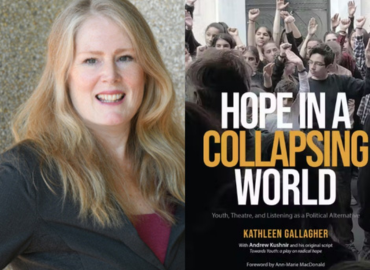 Kathleen Gallagher beside Hope in a Collapsing World book cover