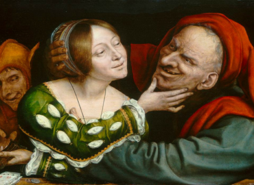 Mid-16th century woman caressing the face of an evil looking mid-16th century man