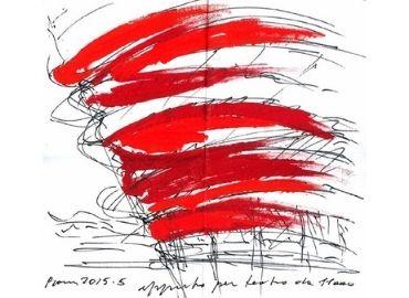 Splashes of red paint above nondescript sketch