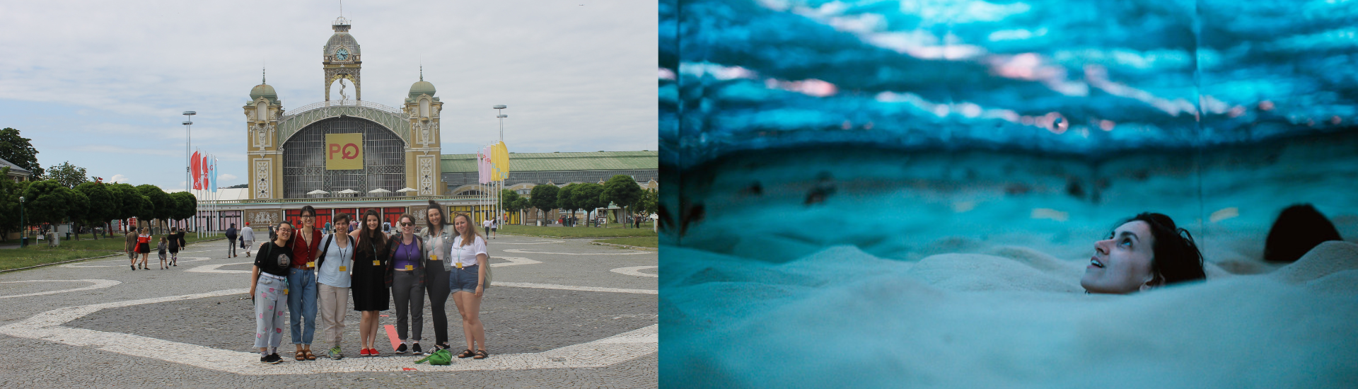 Collage of students in front of PQ 2019 building and person in beach exhibit